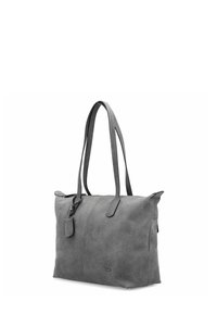 Borsa a tote in pelle grigia con texture, due manici lunghi, chiusura con zip e un piccolo tag attaccato per un tocco in più.