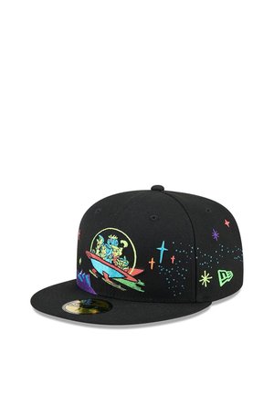 Black cap featuring colorful embroidered graphic of characters in a spaceship with stars, textured fabric, and a flat brim design.