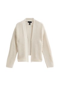 Cardigan tricoté ouvert de couleur crème avec des manches longues et des finitions côtelées, motif en relief de gaufre et étiquette de marque noire à l'intérieur du col.