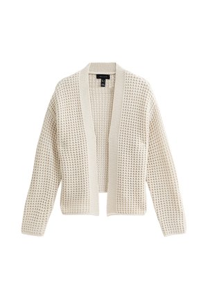 Cardigan tricoté ouvert de couleur crème avec des manches longues et des finitions côtelées, motif en relief de gaufre et étiquette de marque noire à l'intérieur du col.