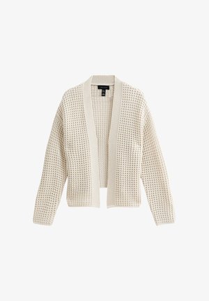 Crème kleurige open voorkant gebreide cardigan met lange mouwen en ribbelrand, textuur met wafelpatroon en een zwart merkembleem aan de binnenkant van de kraag.