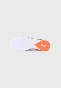 White athletic shoe sole with orange accent, featuring a textured grip pattern and a distinctive logo design.