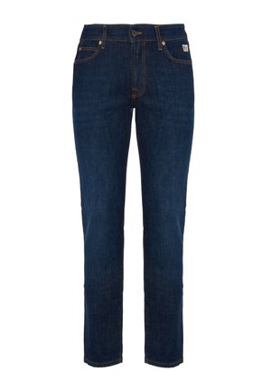 Jeans in denim blu scuro a gamba dritta con cuciture arancioni, bottone frontale, passanti per cintura e cinque tasche.