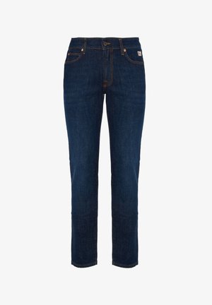 Jeans in denim blu scuro a gamba dritta con cuciture arancioni, bottone frontale, passanti per cintura e cinque tasche.