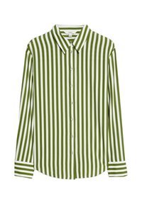Camicia button-up a righe verdi e bianche con maniche lunghe, colletto e orlo dritto. Presenta una superficie di tessuto liscia e dettagli con bottoni.