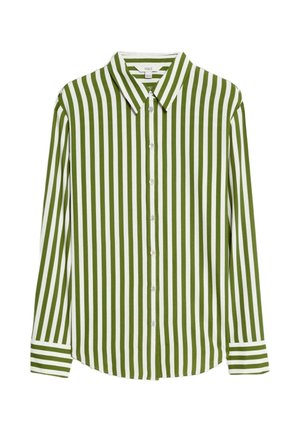 Chemise à rayures vertes et blanches, à manches longues, avec un col et un ourlet droit. Présente une texture de tissu lisse et des détails de boutons.