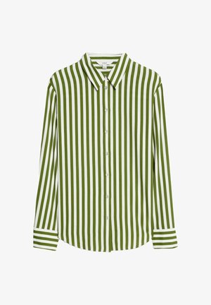 Chemise à rayures vertes et blanches, à manches longues, avec un col et un ourlet droit. Présente une texture de tissu lisse et des détails de boutons.