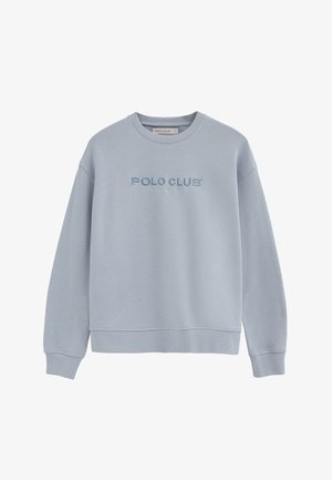 Sweat-shirt à col rond bleu clair avec "POLO CLUB" brodé en bleu sur la poitrine, poignets et ourlet côtelés, manches longues.