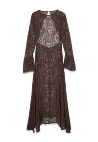 Hnedé čipkované šaty s dlhými, rozšírenými rukávmi a voľným strihom. Ponúkajú zložité kvetinové vzory a polpriehľadnú textúru.