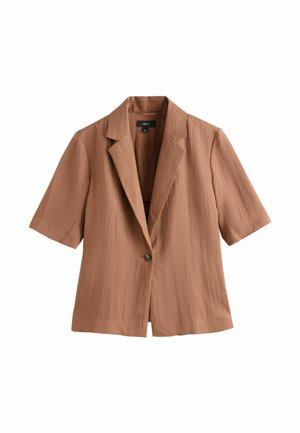 Pruun lühikeste varrukatega bleiser, millel on ühe nupuga kinnis ja sälkidega krae, valmistatud tekstuuriga kerge kangast.