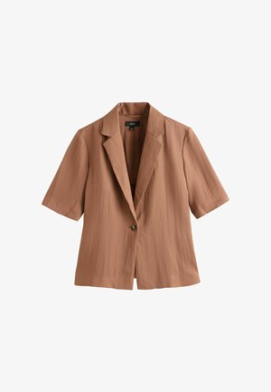 Brązowa krótka marynarka z krótkim rękawem, zapinana na jeden guzik z wyciętymi klapami, wykonana z teksturowanej, lekkiej tkaniny.