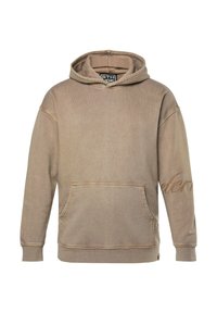 Beżowa bluza z kapturem, wykonana z miękkiego materiału, z przednią kieszenią, sznurkiem przy kapturze, ściągaczami na mankietach oraz subtelnym tekstem na rękawie.