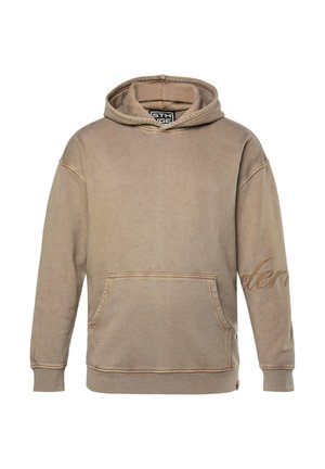 Beige Hoodie aus weichem Stoff, mit einer Vorderentasche, Kapuze mit Kordelzug, gerippten Bündchen und dezentem Textdetail am Ärmel.