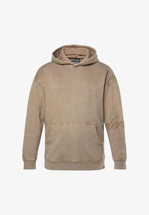 Sudadera beige hecha de una tela suave, con un bolsillo frontal, capucha con cordones, puños acanalados y un sutil detalle de texto en la manga.
