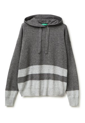 Sudadera gris con cordones ajustables, con una franja de gris más claro en el bajo y las mangas. Puños y bajo acanalados. Textura suave.