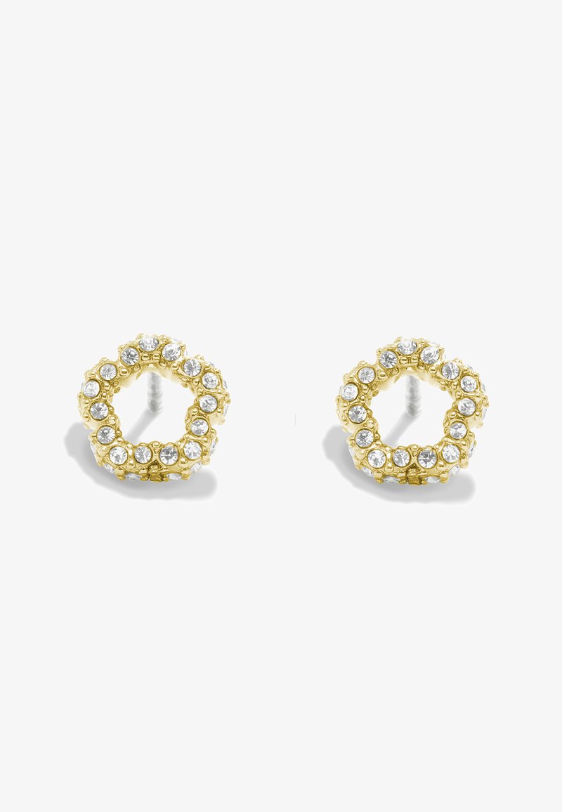 Gold-toned earrings in a circular design, adorned with clear crystals. Textured surface with evenly spaced stones, featuring a hollow center.