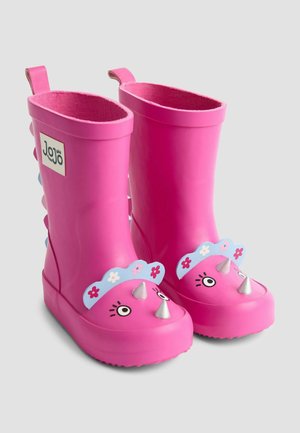 Rozā ūdensizturīgas gumijas zābaki ar ziedu zilu akcentu. Iespējas spicēm uz pirkstiem un rotaļīgu dzīvnieka sejas dizainu. Iekļauti vilkšanas rokturi.