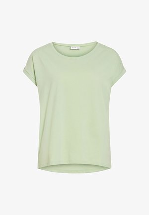 Lys grønn kortermet t-skjorte i glatt bomull, med rund hals og lett buet kant, og oppbrettede mansjetter for ekstra detalj.