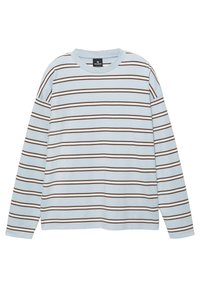 Hellblaues Langarm-T-Shirt mit horizontalen braunen und weißen Streifen, Rundhalsausschnitt und legerer Passform.