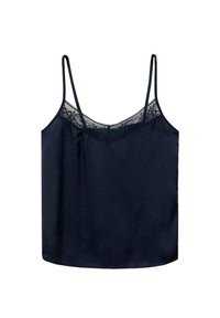 Mornarsko svilen camisole z nastavljivimi naramnicami, okrašeno z čipkastim robom ob izrezu ter gladko, sijočo teksturo.