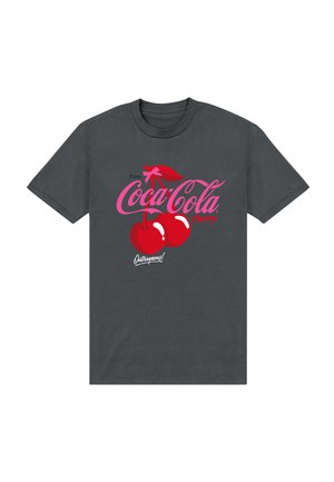 Szara bawełniana koszulka z retro grafiką Coca-Cola Cherry w odcieniach różu i czerwieni, z wiśniami oraz napisem "Ciesz się" i "Niepowtarzalny!"