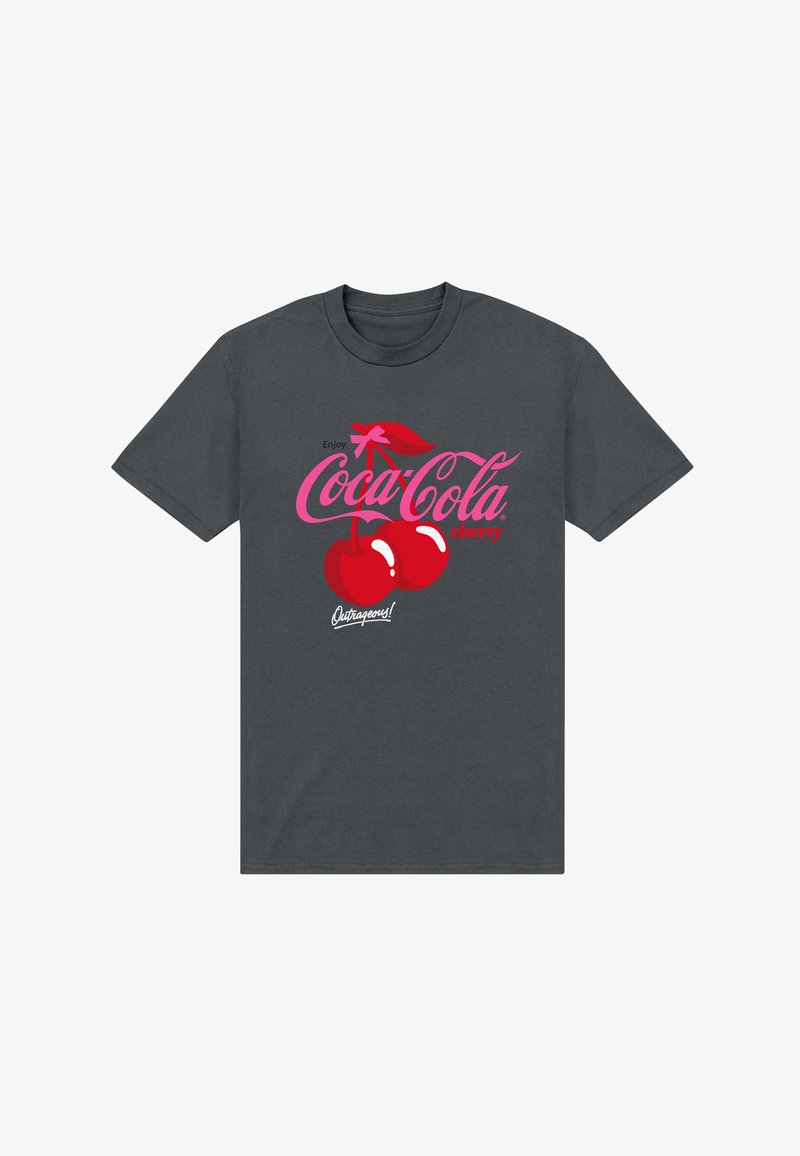 Šedé bavlněné tričko s retro grafikou Coca-Cola Cherry v růžové a červené barvě, zobrazující třešně a text "Užij si to" a "Neuvěřitelné!"