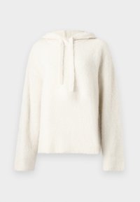Hoodie bianco e fluffy realizzato in morbido materiale, con cappuccio regolabile, maniche larghe e dettagli a coste sull'orlo. Aspetto accogliente e testurizzato.