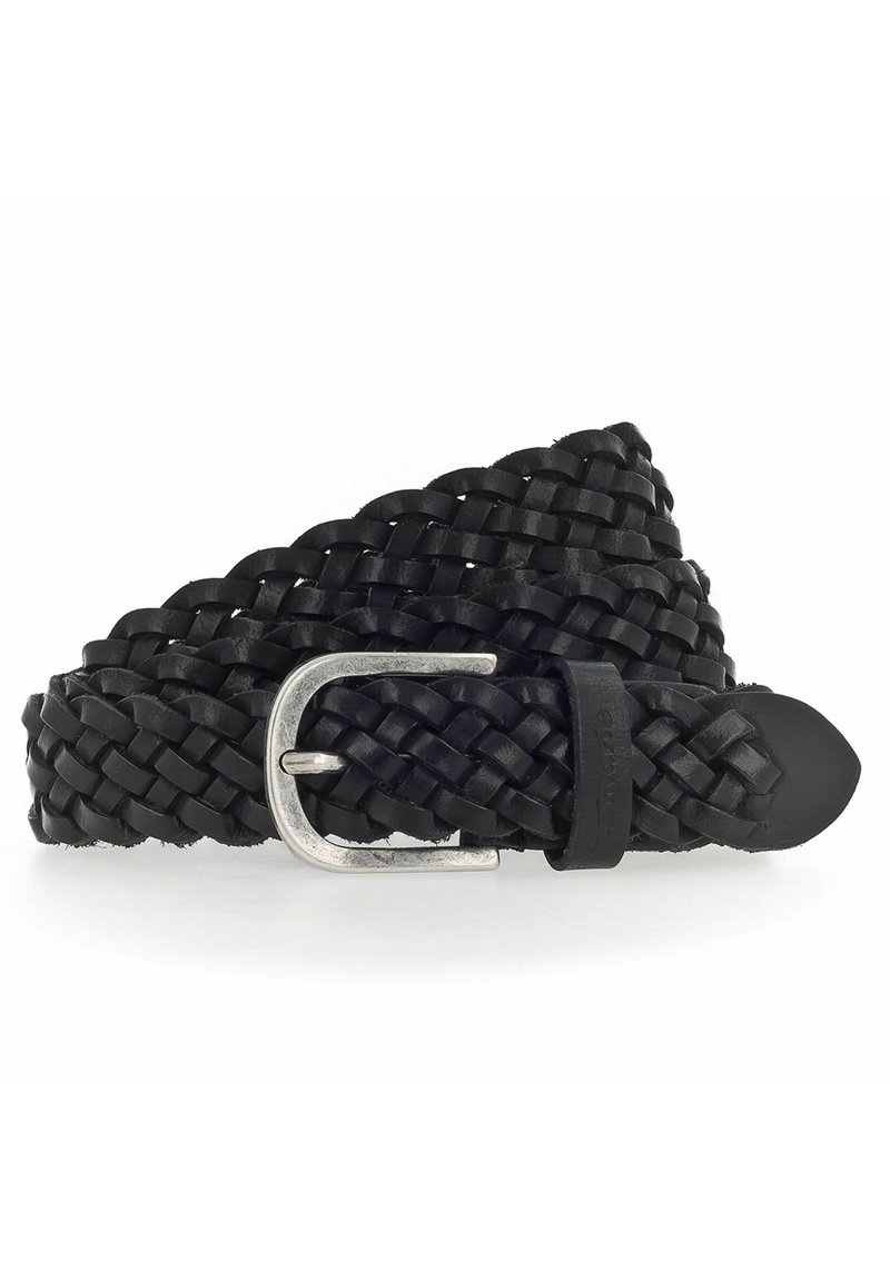 Cinturón de cuero trenzado negro con hebilla de metal plateado. Presenta un acabado suave, una textura flexible y un extremo acampanado.