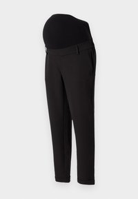 Pantalons de maternité noirs avec une taille haute élastique et une coupe fuselée. Le tissu a une texture lisse avec une légère brillance.