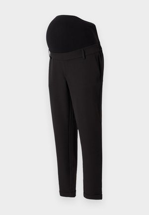 Sorte svangerskapsbukser med høy, elastisk midjebånd og innsnevret ben-design. Stoffet har en glatt tekstur med en svak glans.