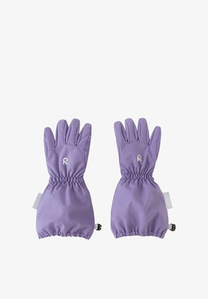 Para fioletowych wodoodpornych zimowych rękawiczek z elastycznymi mankietami i odblaskowym logo na tyle każdej dłoni.