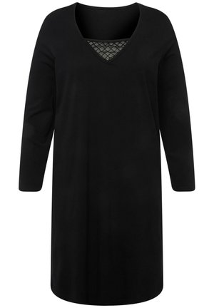 Abito lungo nero a maniche lunghe con scollatura a V e sovrapposizione di rete stampata sul davanti. Realizzato in tessuto morbido, lunghezza a ginocchio, vestibilità rilassata.