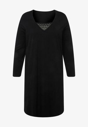 Schwarzes langärmliges Kleid mit V-Ausschnitt und einem gemusterten Mesh-Überzug auf der Vorderseite. Aus weichem Material gefertigt, knielang und in lockerer Passform.