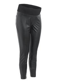 Čierne legíny z imitácie kože s vysokým elastickým pásom a slim fit designom, zobrazené na bielom pozadí.