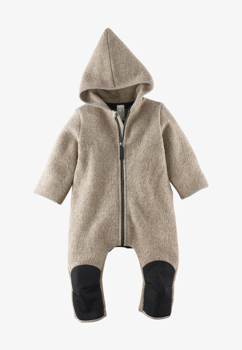 Beige Wolle-Einteiliger Anzug mit spitzem Kapuzendesign, Reißverschluss und schwarzen Kniebesätzen, ausgestattet mit langen Ärmeln und einer strukturierten Oberfläche.