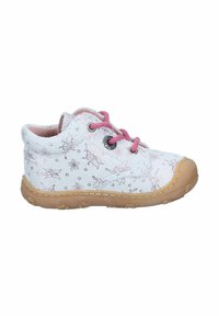 Child's shoes with a white fabric upper featuring pink unicorn and flower patterns, brown rubber sole, and pink shoelaces.