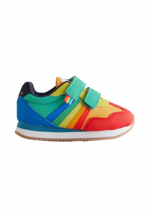Bunte Sneaker mit einem Design in Grün, Blau, Orange und Rot, ausgestattet mit einem Klettverschluss, strukturiertem Stoff und Gummisohle.