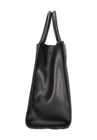 Sac cabas en cuir noir au fini lisse, avec deux poignées et un design minimaliste. Doté d'une forme douce et structurée sans matériel visible.