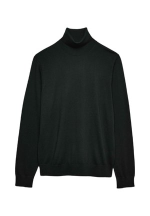 Pull à col roulé noir en tissu tricoté doux et lisse, présentant un design ajusté, des manches longues et des accents côtelés au col et à l'ourlet.