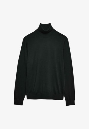 Maglione a collo alto nero realizzato in un morbido e liscio tessuto a maglia, caratterizzato da un design aderente, maniche lunghe e dettagli a coste sul colletto e sull'orlo.