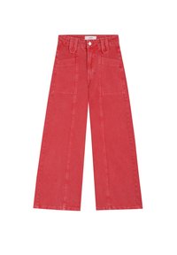 Pantaloni din denim cu picioare largi, de culoare roșie, cu două buzunare frontale, talie înaltă și un finisaj curat la tiv. Închidere clasică cu nasture și fermoar.