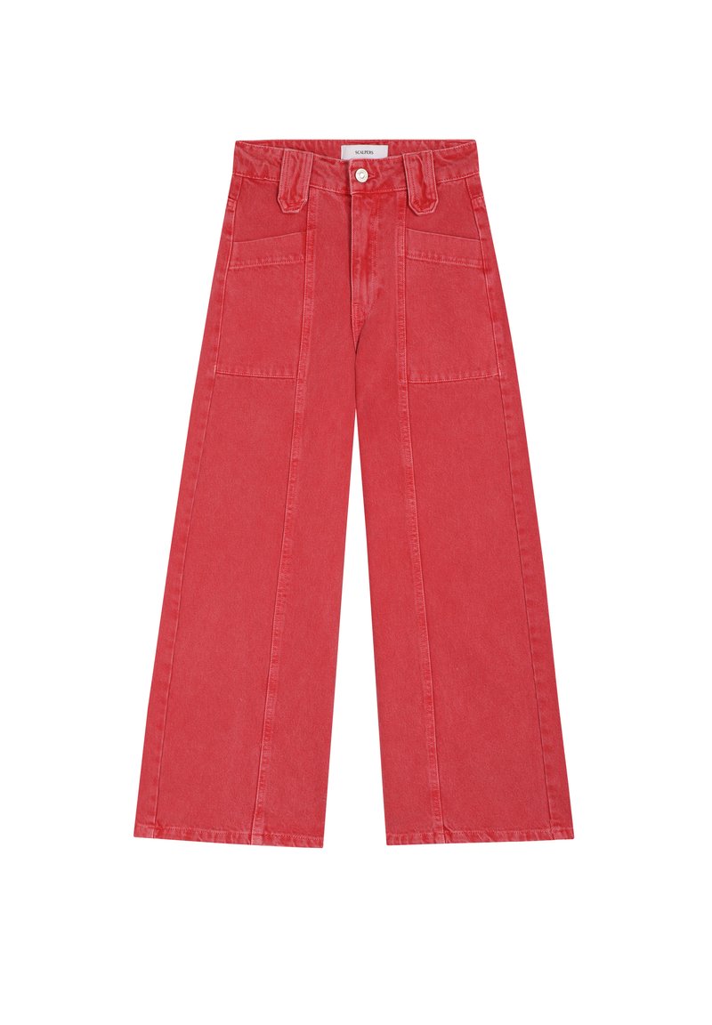 Pantaloni din denim cu picioare largi, de culoare roșie, cu două buzunare frontale, talie înaltă și un finisaj curat la tiv. Închidere clasică cu nasture și fermoar.