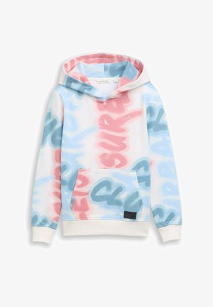 Weißer Kapuzenpullover mit blauem und pinkem Graffiti-Stil Schriftzug. Mit einer Fronttasche und gerippten Bündchen sowie einem festen Saum ausgestattet.