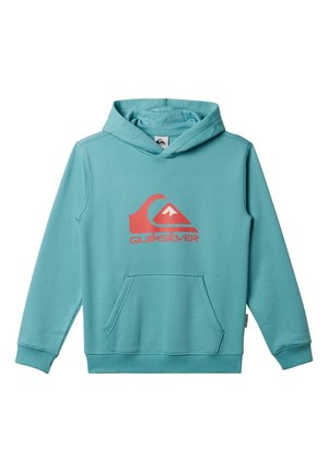 Turkusowa bluza z kapturem z kieszenią z przodu oraz czerwonym logo Quiksilver na środku klatki piersiowej, z stylizowanym wzorem fali i góry.