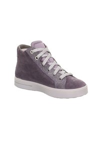 Paarse suède high-top sneakers met zilveren veters, gewatteerde kraag en witte rubberen zool; beschikt over een gestructureerde bovenkant.