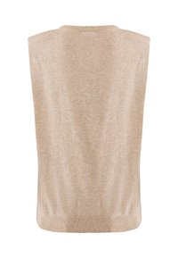 Top beige senza maniche in maglia con scollatura arrotondata. Tessuto morbido e orlo a costine nella parte inferiore. Design semplice, senza fantasie o decorazioni.