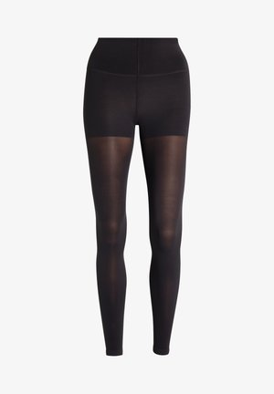 Leggings neri con un alto punto vita. Il materiale è liscio e elasticizzato, passando da opaco nella parte superiore a trasparente sulle gambe inferiori.