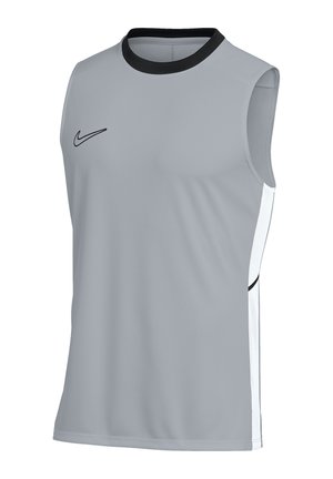 Ärmelloses graues Sportshirt mit schwarzem Kragenabschluss und kleinem schwarzem Nike-Logo auf der oberen linken Brust, weiße Seitenpaneele mit schwarzen Akzenten.