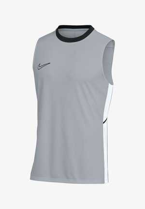 Ärmelloses graues Sportshirt mit schwarzem Kragenabschluss und kleinem schwarzem Nike-Logo auf der oberen linken Brust, weiße Seitenpaneele mit schwarzen Akzenten.