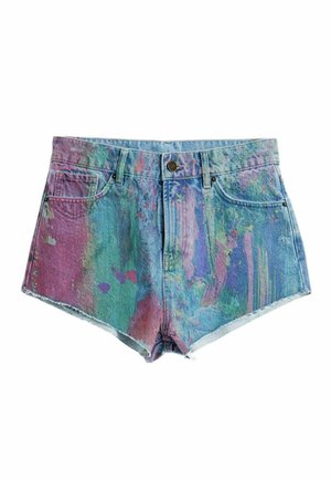 Denimshorts met een meerkleurig abstract verf-effect, met knoopsluiting aan de voorkant, rits, riemlussen en een ontwerp met vijf zakken.
